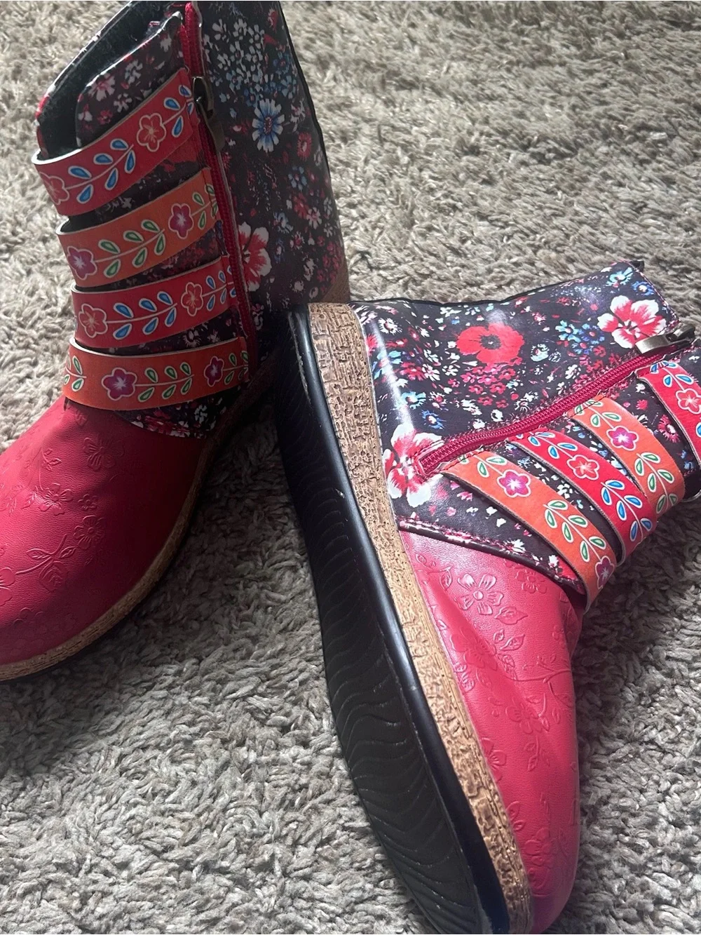 Women's Red Floral Buckle Ankle Boot